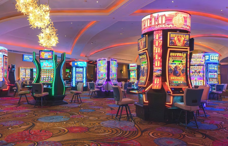 Verlichte ingang van restaurant-casino Gavorynth